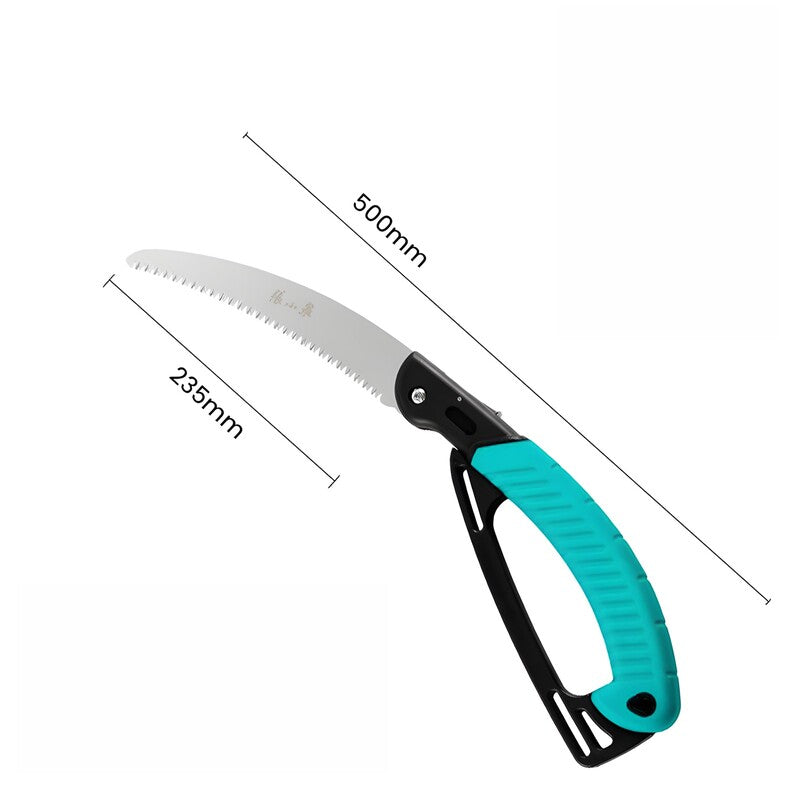 Full view of 235mm folding handsaw with 500mm open length. Lightweight garden tool with 65Mn steel blade for pruning.