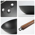 Close-up details of the 30cm/32cm/34cm uncoated iron wok, showing riveted joints, curved base, and ergonomic wooden handle.