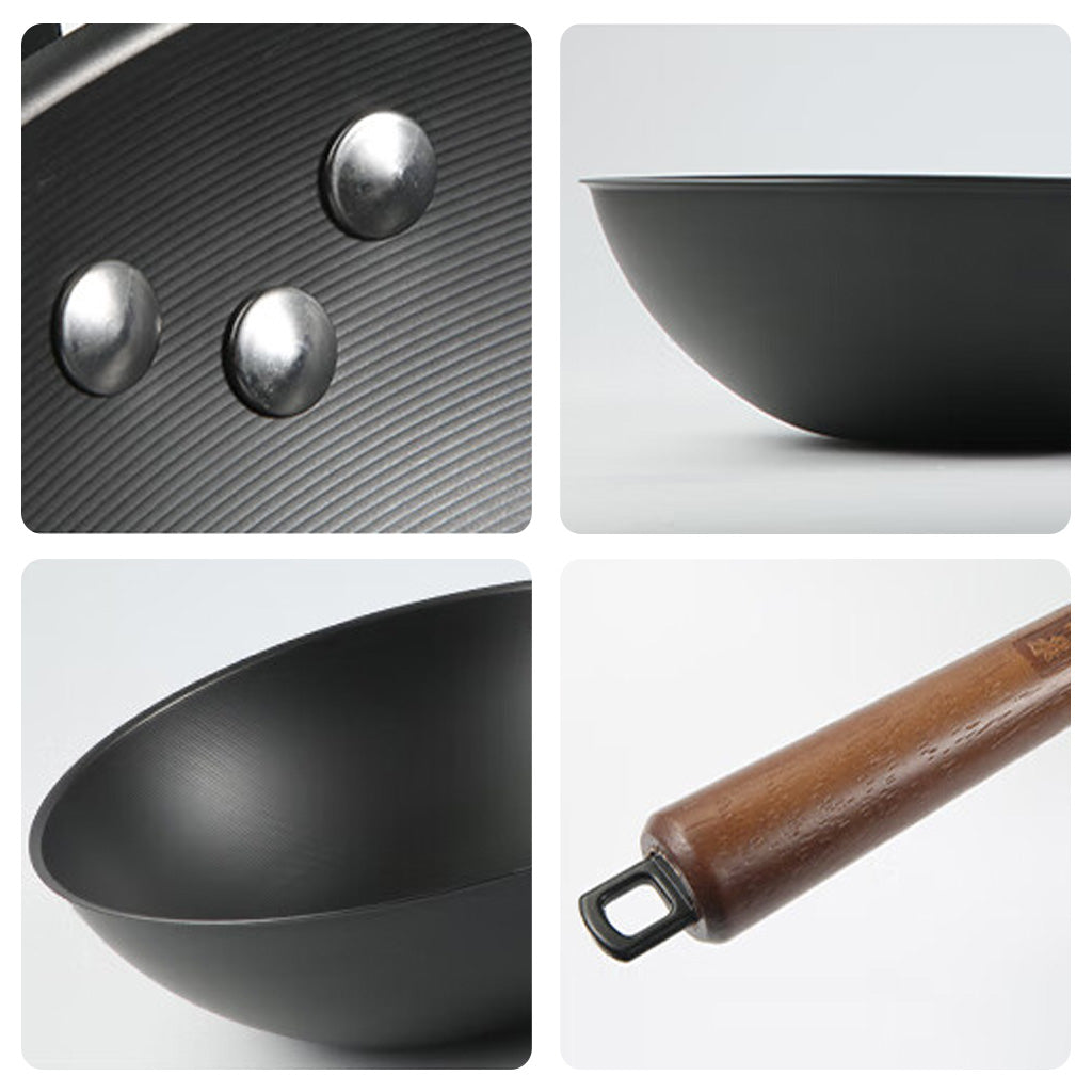 Close-up details of the 30cm/32cm/34cm uncoated iron wok, showing riveted joints, curved base, and ergonomic wooden handle.