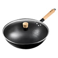 Coating-free 30cm iron wok with lid and wooden handle by Zhang Xiaoquan AU, featuring a hammered surface for natural non-stick cooking.