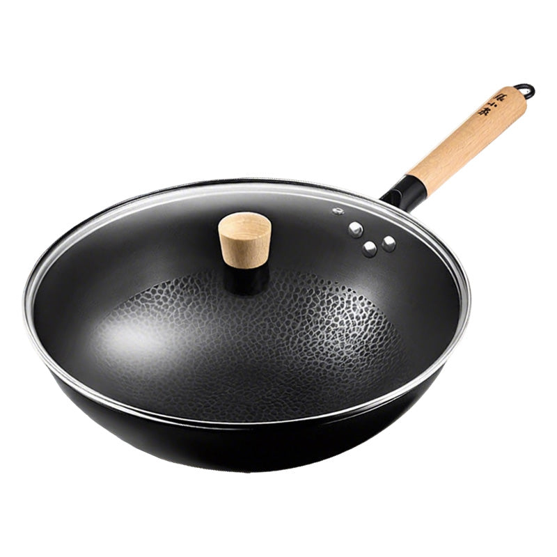 Coating-free 30cm iron wok with lid and wooden handle by Zhang Xiaoquan AU, featuring a hammered surface for natural non-stick cooking.