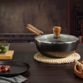 20cm authentic cast iron wok with lid placed on a woven mat, perfect for stylish kitchen setups and one-person meals.