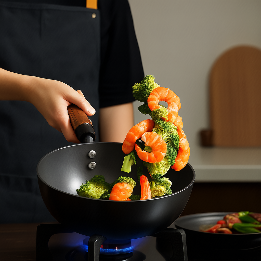 Shrimp and broccoli being stir-fried in the 20cm carbon wok, showcasing its lightweight and easy handling design.