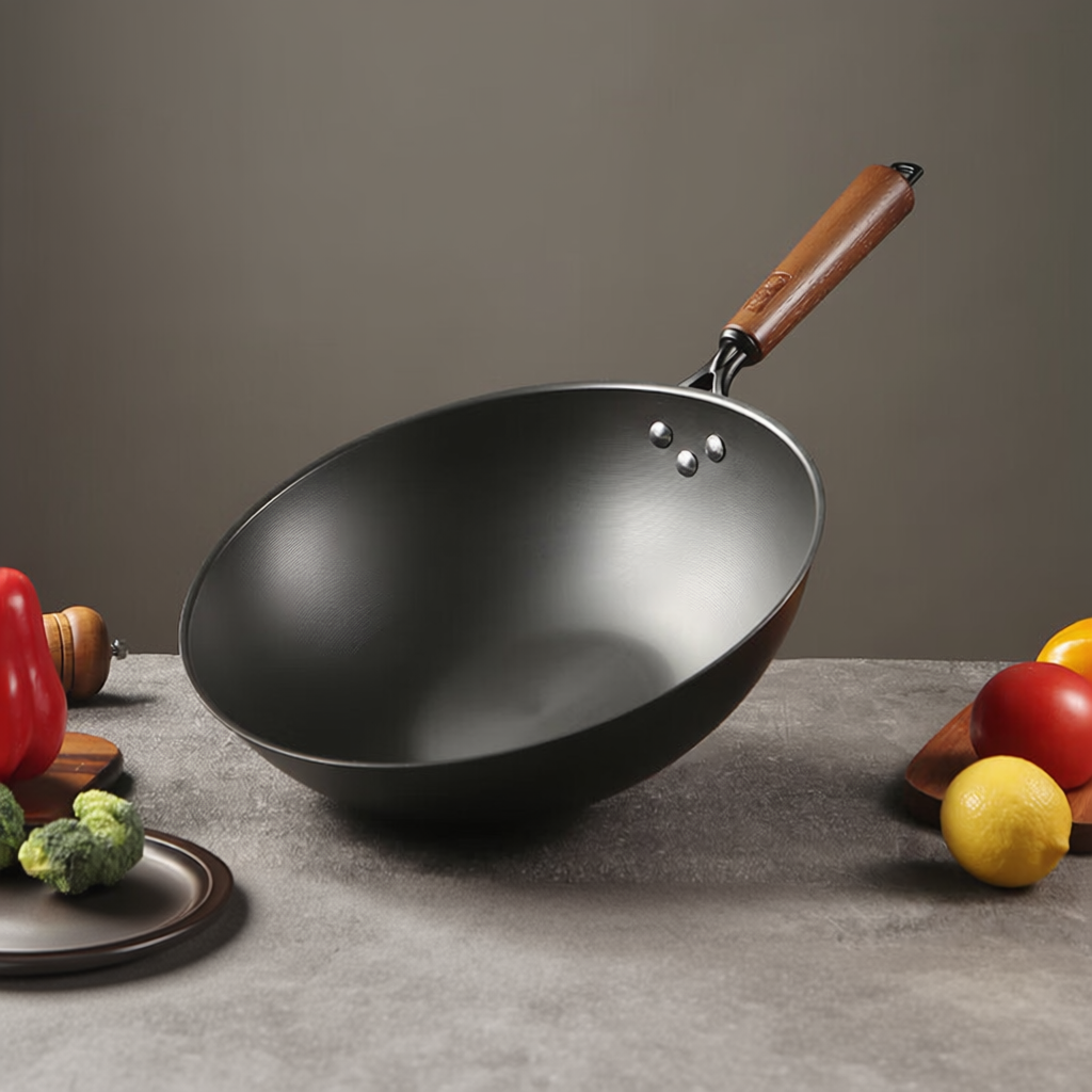 30cm/32cm/34cm coating-free iron wok with glass lid and wooden handle by Zhang Xiaoquan AU, ideal for authentic Chinese cooking.