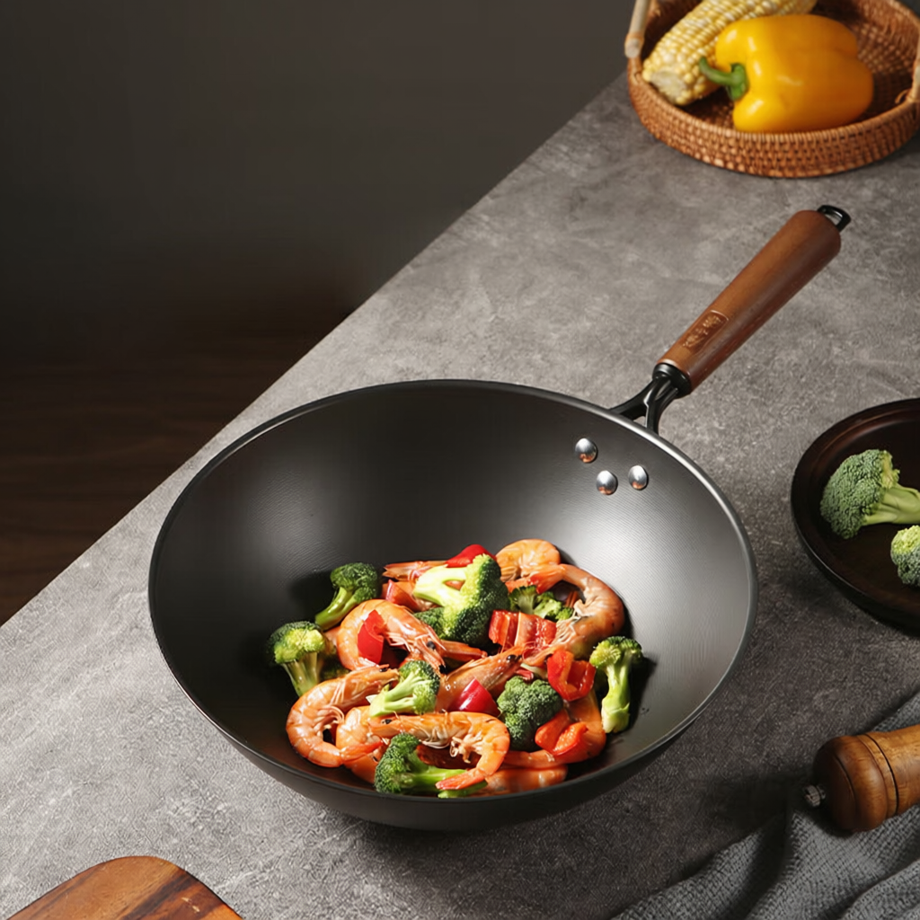 ShouYi Chinese wok filled with shrimp and vegetables, showcasing its natural non-stick surface and deep cooking capacity.