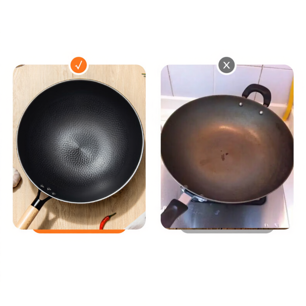Comparison of Zhang Xiaoquan AU hammered iron wok vs traditional wok, highlighting clean, non-stick surface without toxic coatings.
