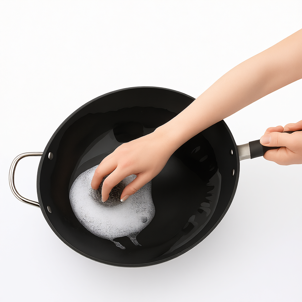 Hand washing 34cm iron wok with soap, highlighting easy maintenance and metal utensil-safe non-stick surface.