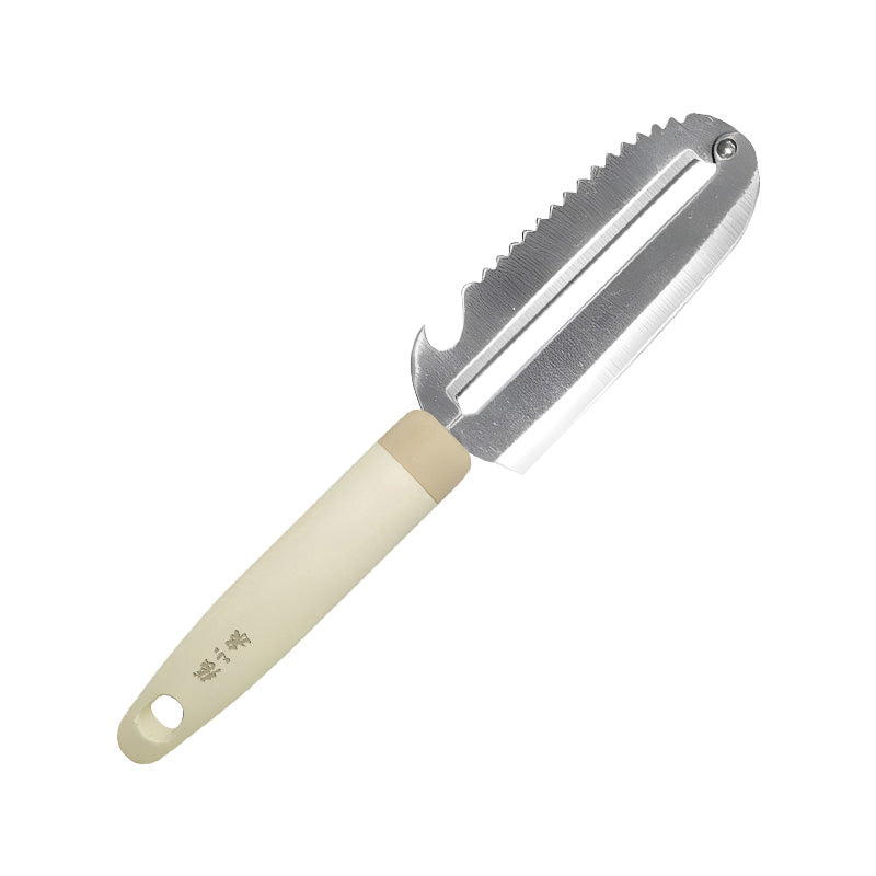 4-in-1 430 steel multifunction peeler with serrated blade and bottle opener by Zhang Xiaoquan AU. Durable 220mm kitchen tool for versatile food prep.