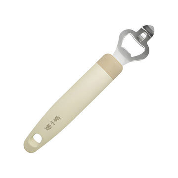 3-in-1 bottle opener with beige handle and 430 stainless steel head, ideal for cans, bottles, and formula containers. Durable kitchen tool by Zhang Xiaoquan AU.