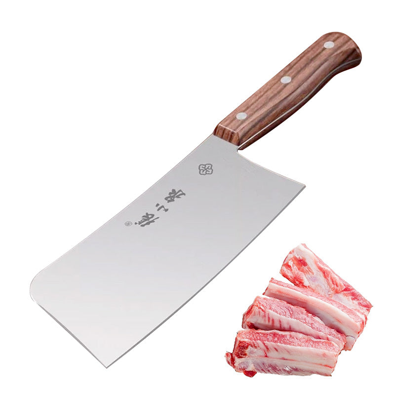 310mm 30Cr13 heavy-duty meat cleaver with triple-riveted wood handle and sharp stainless steel blade, ideal for cutting bones and ribs.