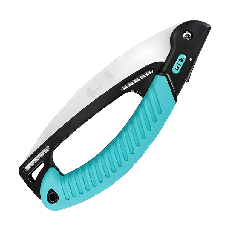 235mm 65Mn steel folding handsaw with turquoise ergonomic handle by Zhang Xiaoquan AU. Compact pruning saw ideal for garden use.