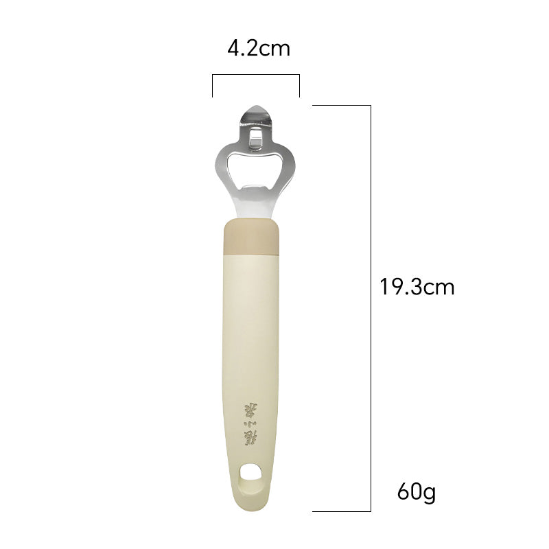 Dimensions of 3-in-1 bottle opener: 193mm length, 42mm width, 60g weight. Made of 430 stainless steel with ergonomic handle.