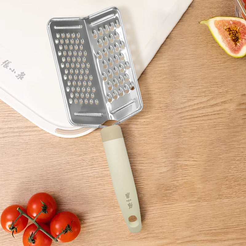 2-in-1 Steel Grater - 430 Stainless with dual coarse and fine surfaces, ergonomic beige handle, ideal for cheese and vegetables.