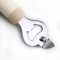 Detail view of 430 stainless steel opener head with thickened tip design. Multipurpose tool for bottles, cans, and formula lids.