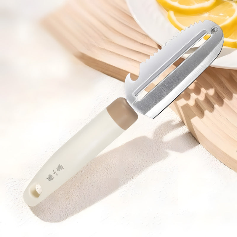 4-in-1 430 steel multifunction peeler with serrated blade and bottle opener by Zhang Xiaoquan AU. Durable 220mm kitchen tool for versatile food prep.