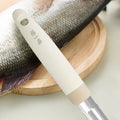 30Cr13 stainless steel fish scale scraper by Zhang Xiaoquan AU shown beside a fish, highlighting its kitchen utility and sleek handle design.