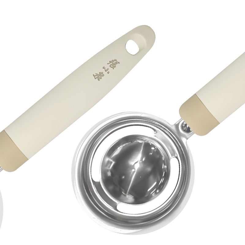 Detailed view of the 210mm 430 stainless steel egg separator with seamless bowl and dual-tone handle, part of premium kitchen tools.