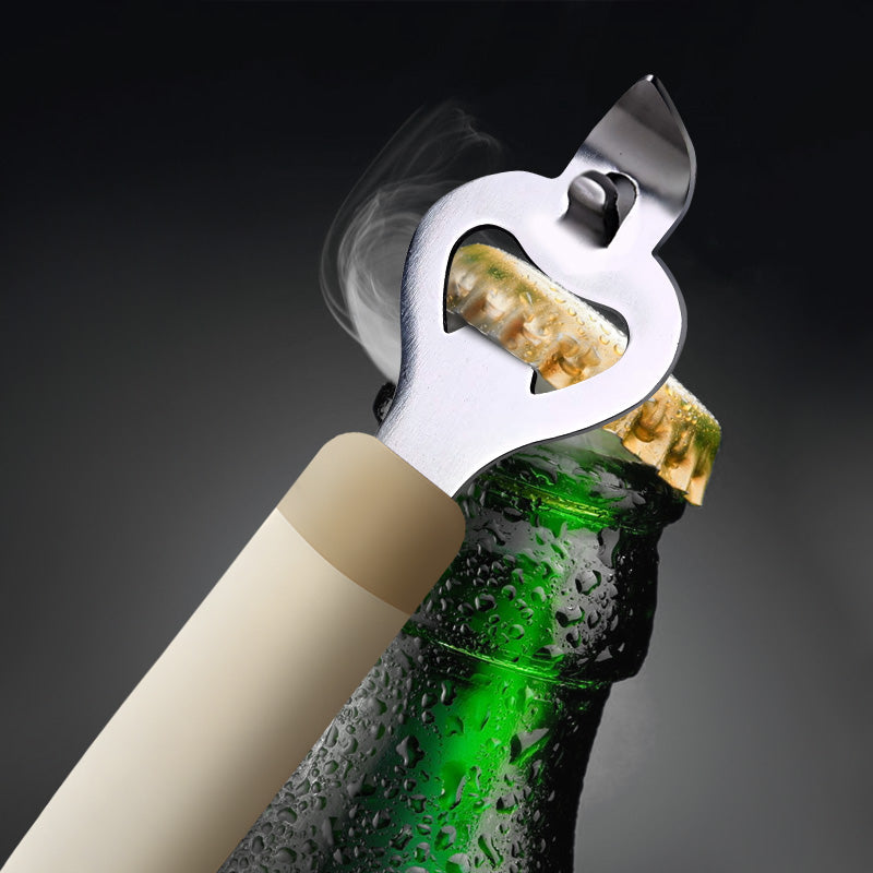 3-in-1 bottle opener removing cap from green glass bottle. Durable 430 steel head ideal for bar and kitchen use.