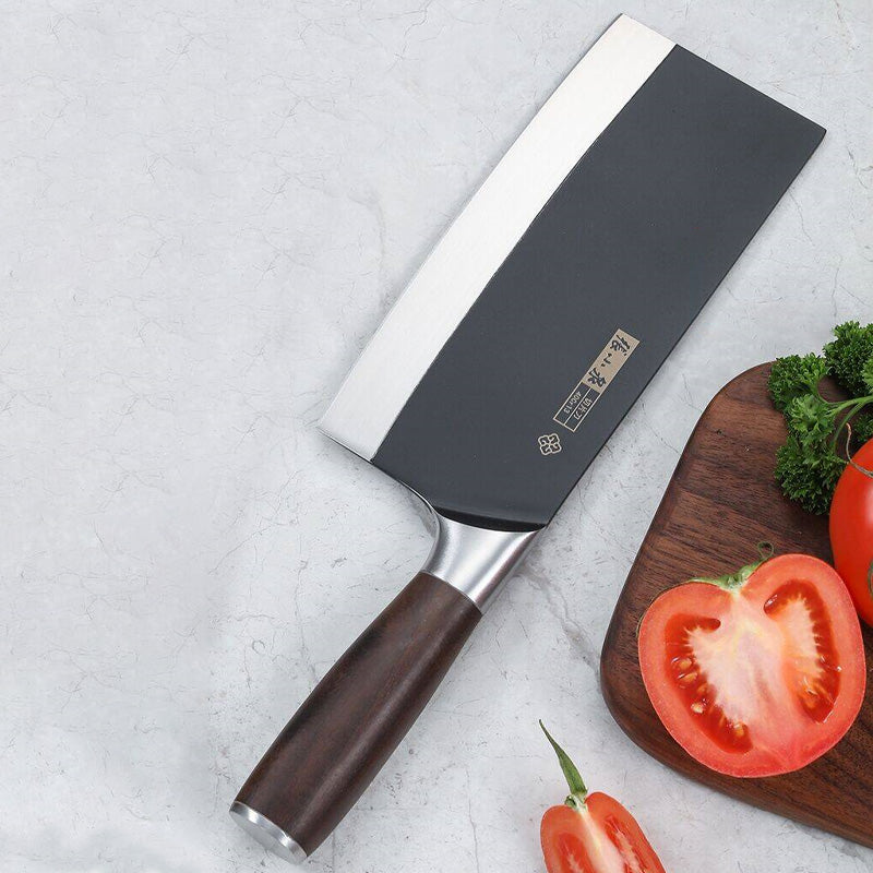Chinese Cleaver - 302mm 40Cr13 Steel with black-coated blade and acacia wood handle, shown with fresh vegetables and meat for kitchen prep.