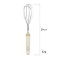 290mm steel whisk with 63g weight and ergonomic handle, ideal for egg whisking and batter mixing in home kitchens.