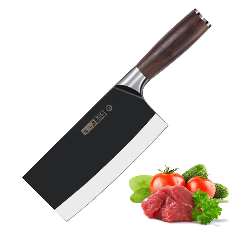 Chinese Cleaver - 302mm 40Cr13 Steel with black-coated blade and acacia wood handle, shown with fresh vegetables and meat for kitchen prep.