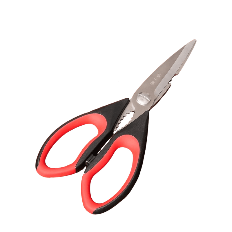 225mm 6-in-1 kitchen scissors with ultra-sharp 30Cr13 steel blades and ergonomic red TPR handle, ideal for home cooking tasks.