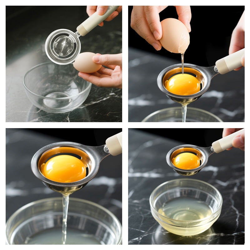 Step-by-step use of Zhang Xiaoquan AU egg separator, demonstrating fast and clean yolk separation with ergonomic kitchen utensil.