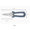 Diagram of 220mm 30Cr13 spring-assist kitchen shears with measurements and 120g weight, emphasizing ergonomic and compact design.