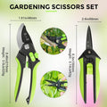 Gardening scissors set dimensions and weights displayed, featuring 215mm bypass pruner and 160mm trimming scissors for versatile garden use.