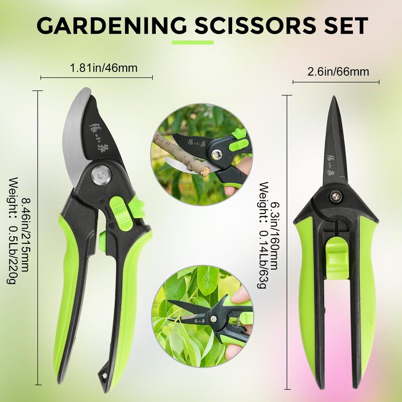 Gardening scissors set dimensions and weights displayed, featuring 215mm bypass pruner and 160mm trimming scissors for versatile garden use.
