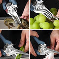 Multi-functional kitchen shears cutting crab, grapes, asparagus, and squid, showcasing versatility in food preparation tasks.