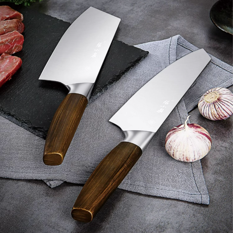 3-piece 40Cr13 steel kitchen knife set by Zhang Xiaoquan AU featuring chef, slicing, and cleaver knives with wooden handles for home cooking.