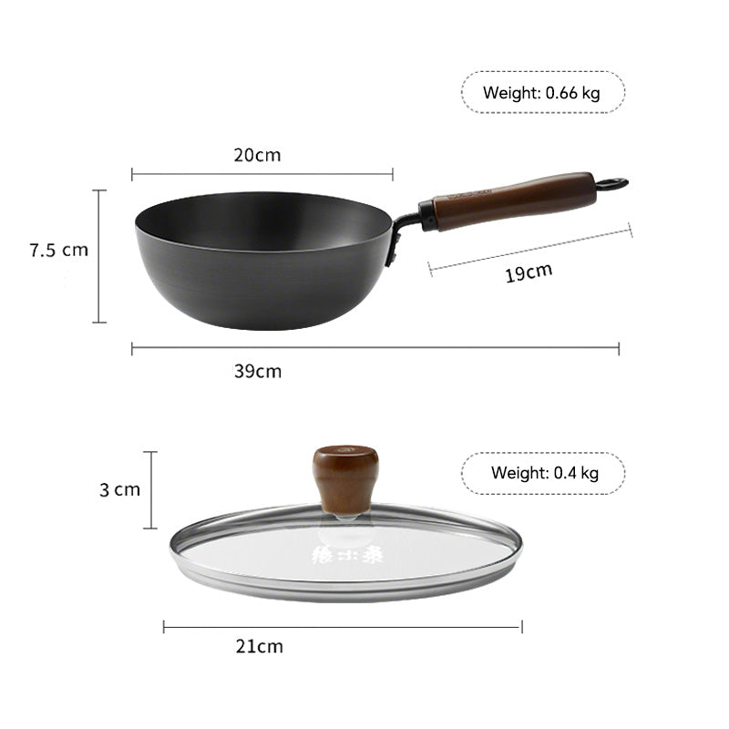 Detailed dimensions of 20cm carbon wok and lid, weighing 0.66kg and 0.4kg respectively, ideal for compact cooking needs.