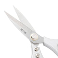 Close-up of 40Cr13 stainless steel blades on heavy duty kitchen scissors, showcasing riveted joint and durable construction for cutting poultry and seafood.