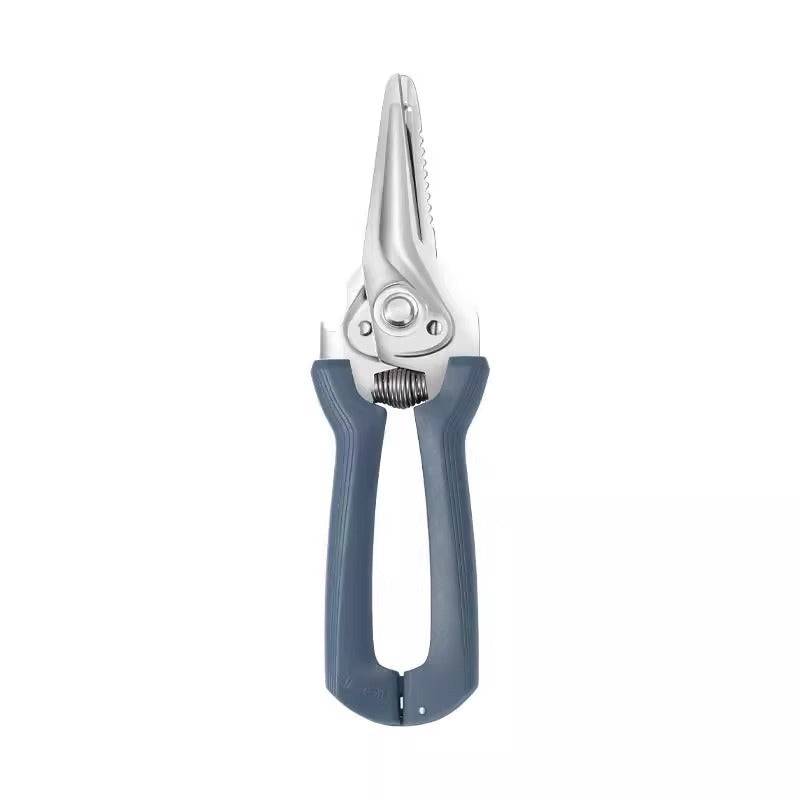 30Cr13 spring-assist kitchen shears with blue ergonomic handles and stainless steel blades, ideal for heavy-duty kitchen tasks.