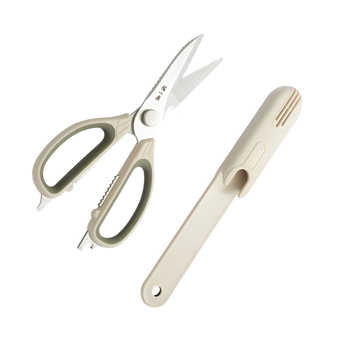 5-in-1 kitchen scissors with 30Cr13 steel blades and beige-green ergonomic handles, shown with magnetic storage sheath from Zhang Xiaoquan AU.
