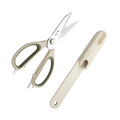 5-in-1 kitchen scissors with 30Cr13 steel blades and beige-green ergonomic handles, shown with magnetic storage sheath from Zhang Xiaoquan AU.