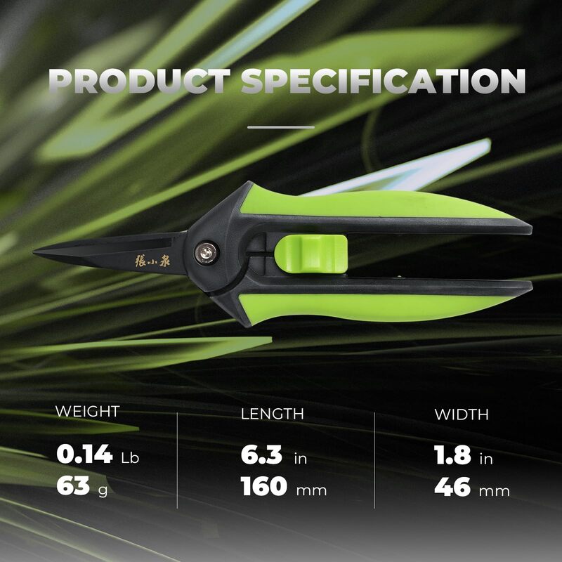 Product specifications of 160mm SK5 Steel Pruning Shears: 63g weight, 160mm length, 46mm width, ideal for garden and floral trimming.