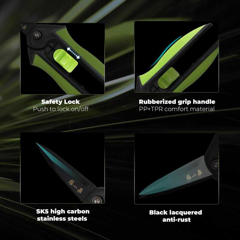 Close-up of 160mm SK5 Steel Pruning Shears features: safety lock, rubberized grip, anti-rust black lacquered blades, and high carbon steel.