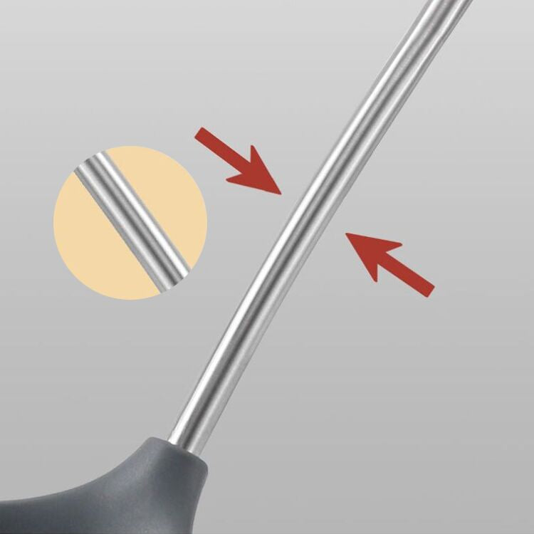 Close-up of the stainless steel shaft of the silicone soup ladle.