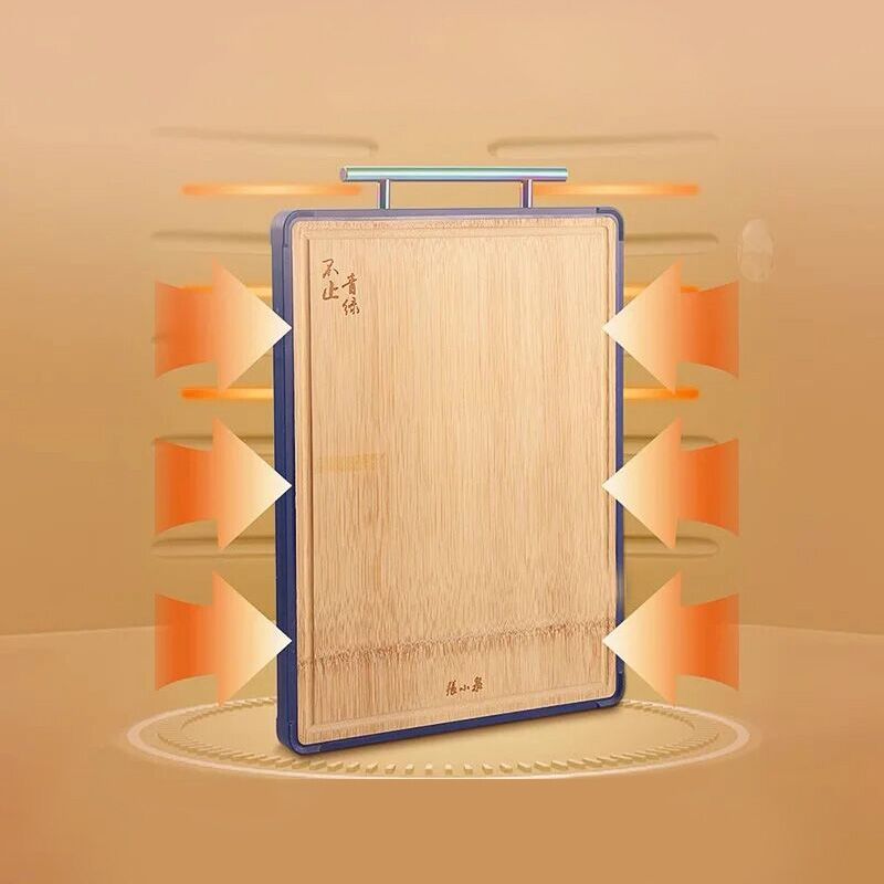 Vertical view of anti-spill bamboo cutting board with airflow arrows, highlighting breathable and hygienic design for kitchen use.