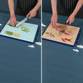 Dual-sided cutting board in use: PP side for slicing vegetables, bamboo side for cutting meat, preventing cross-contamination in kitchen prep.