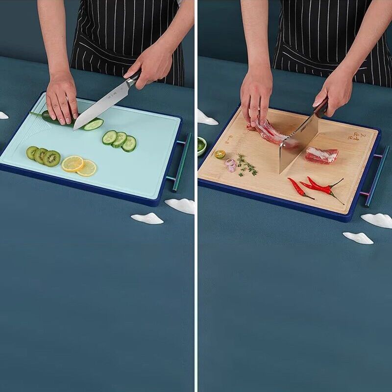 Dual-sided cutting board in use: PP side for slicing vegetables, bamboo side for cutting meat, preventing cross-contamination in kitchen prep.