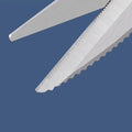 Close-up of serrated 30Cr13 stainless steel blades on 245mm kitchen scissors, designed for cutting poultry and fish.