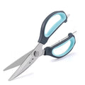 245mm kitchen scissors with ergonomic blue and black handles, partially open to show blade design and multi-use features.