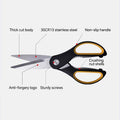 Labeled diagram of 230mm 30Cr13 kitchen scissors showing features like nut cracker, anti-forgery logo, and non-slip handle. Heavy-duty kitchen tool.