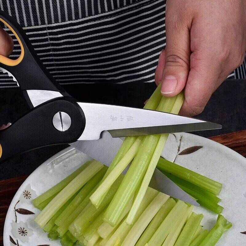 Heavy duty kitchen scissors cutting celery on a plate. Sharp 30Cr13 blades ideal for vegetable prep in home kitchens.