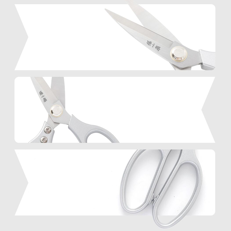 Detailed view of 210mm Zhang Xiaoquan kitchen scissors from multiple angles, emphasizing sleek design and full metal handles for home kitchen use.