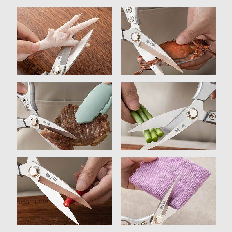 Multipurpose kitchen scissors cutting chicken feet, crab, meat, beans, chili, and cloth, demonstrating versatility and strength of 40Cr13 steel blades.