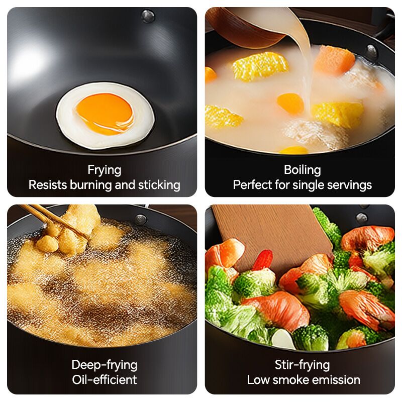 Versatile 20cm carbon wok used for frying, boiling, deep-frying, and stir-frying with low smoke and oil efficiency.